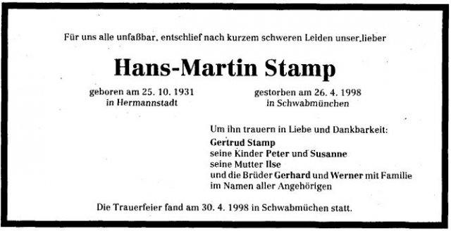 Stamp Hans Martin 1931-1998 Todesanzeige